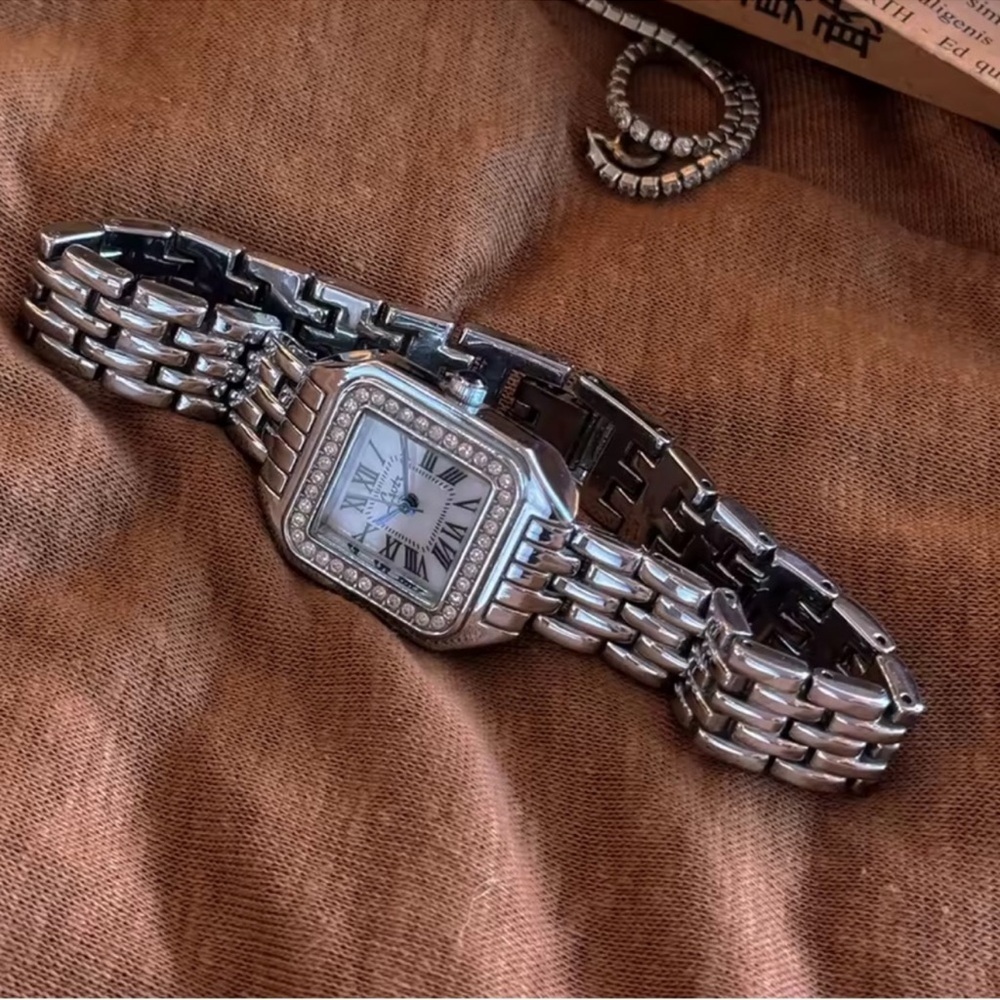Anthropologie Silver Stainless Steel Crystal-Trim Women's Watch